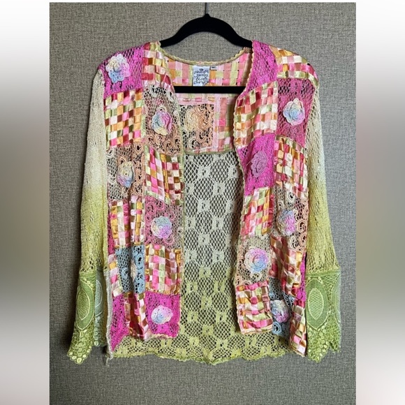 Parsley & Sage Sweaters - Parsley And Sage Women's Sweater Crochet Ribbon Open Front pink yellow green
